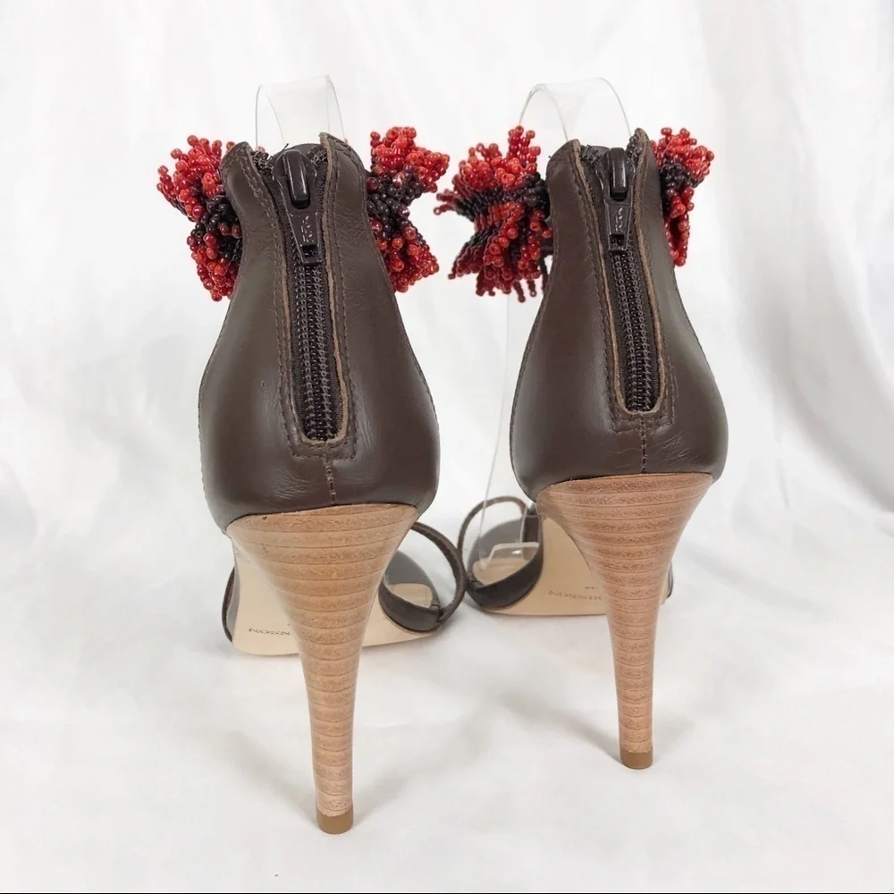 Ulla Johnson Kassia Beaded Open Round Toe Sandal Heels Size 37 Brown Red Summer - Picture 6 of 8